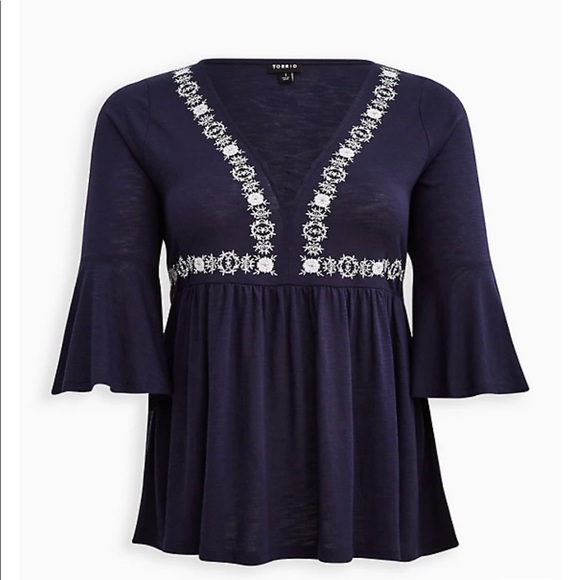 TORRID LACE UP EMBROIDERED BABYDOLL TOP - NAVY BLUE BOHO SIZE 4X NWT - Picture 5 of 5